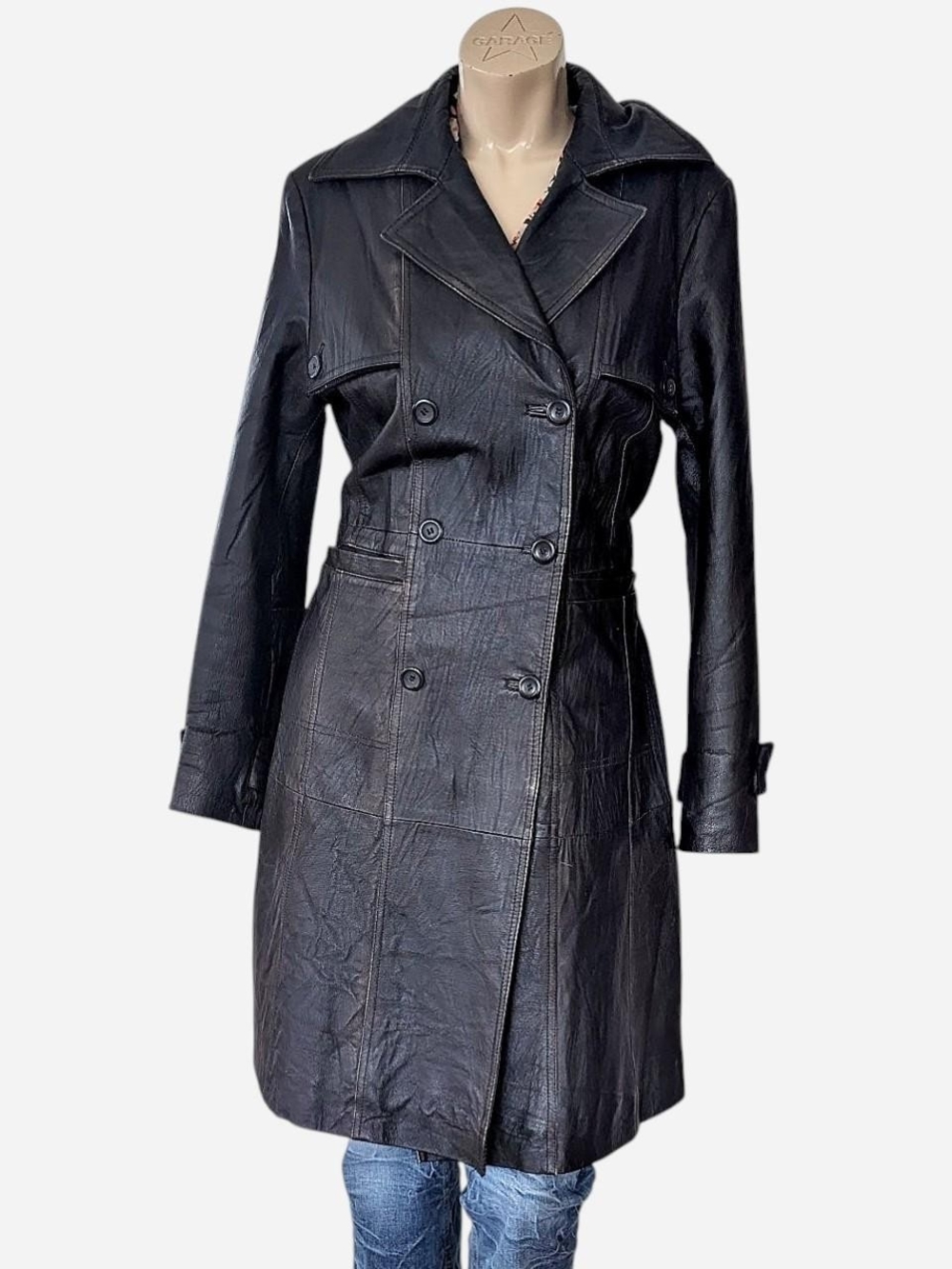 Snap yY2K lack Double-Breasted Leather Trench Coat